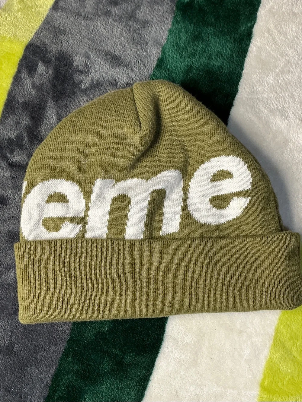 Supreme Olive Green Beanie with White Logo